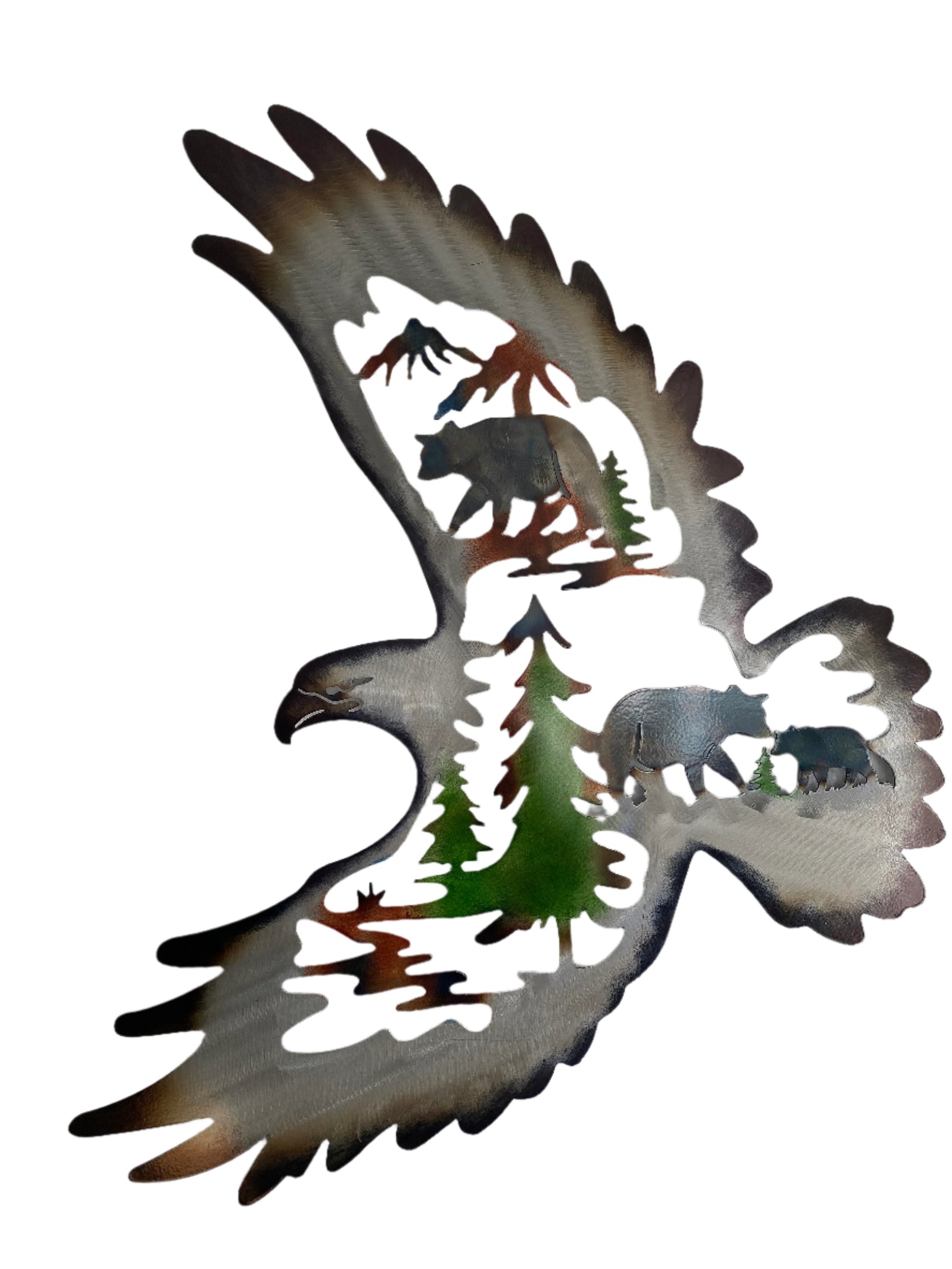 Alpine Sovereign: Majestic Eagle and Bears Metal Wall Art